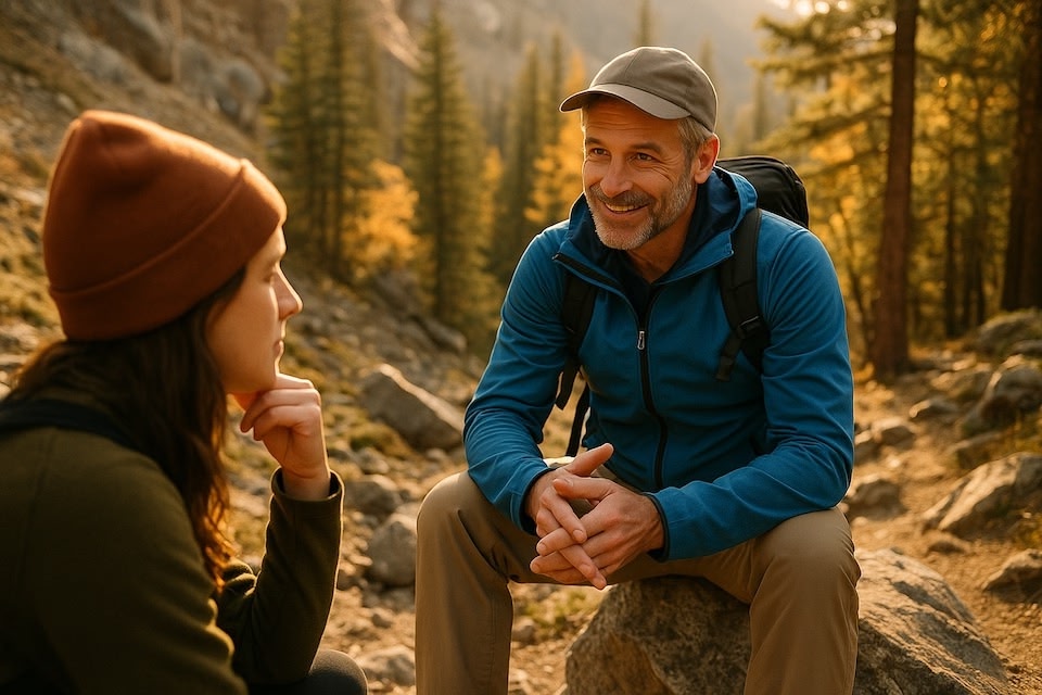 Coach und Klientin sitzen auf einem Felsen im Gebirge und führen ein reflektierendes Gespräch bei Sonnenuntergang – steht für Tiefe und systemisches Denken